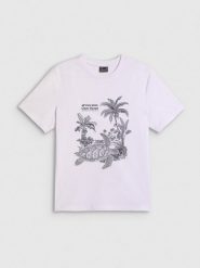 4F T-shirt relaxed z nadrukiem damski - biały L. Białe t-shirty damskie 4F, l, bez wzorów, z bawełny, klasyczne, bez kołnierzyka, bez ramiączek. Za 59.99 zł.