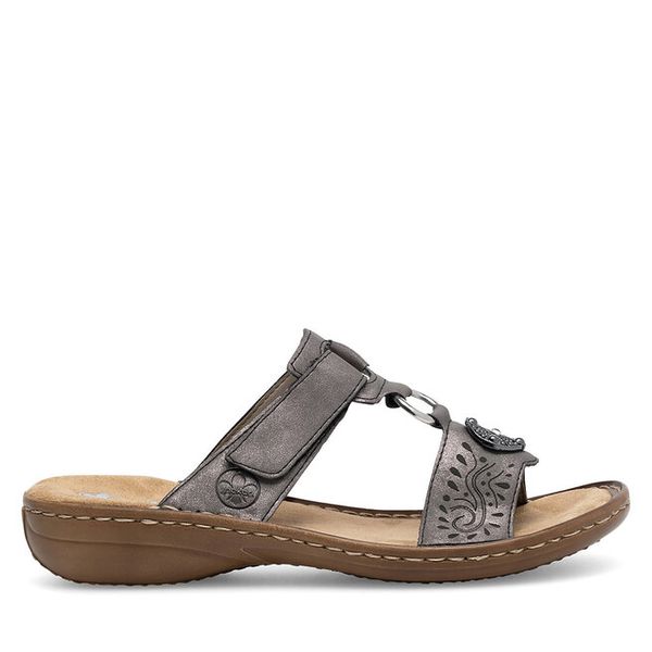 Klapki Rieker. Szare klapki damskie Rieker, bez wzorów, bez obcasa, bez zapięcia. Za 269.99 zł.