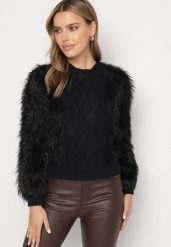 Czarny Sweter z Wełną o Wzorzystym Splocie z Ozdobną Fakturą Mirilena. Czarne swetry nierozpinane damskie Born2be, bez wzorów, z wełny, eleganckie, bez kołnierzyka, bez ramiączek. Za 64.99 zł.
