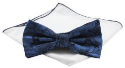 Mucha Męska z Białą Poszetką - Chattier - Granatowe Kwiaty. Niebieskie krawaty i muchy Chattier, bez wzorów, z mikrofibry, eleganckie. Za 59.00 zł.