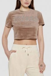 GUESS Brązowy damski top Couture Tee. Brązowe topy damskie Guess, s, z aplikacjami, bez kołnierzyka, bez ramiączek. W wyprzedaży za 161.99 zł.