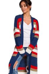 Długi sweter w kolorowe pasy kardigan narzutka z modnym splotem. Kardigany damskie Sukienki.shop, l, bez wzorów, z jeansu, eleganckie, bez kołnierzyka. Za 309.00 zł.