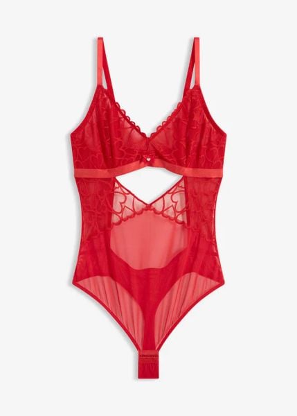 Body ze stringami, z koronki ze wzorem w serca. Czerwone body bonprix, bez wzorów, z koronki. Za 99.99 zł.