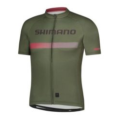 Koszulka z krótkim rękawem LOGO, ciepły oliwkowy. Fioletowe koszulki sportowe męskie Shimano, bez wzorów, bez ramiączek, rowerowe. Za 220.45 zł.