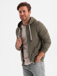 Bluza męska rozpinana z kapturem BASIC - ciemnooliwkowa V11. Zielone bluzy męskie Ombre Clothing, m, bez wzorów, z bawełny, bez ramiączek, z kapturem. W wyprzedaży za 59.99 zł.