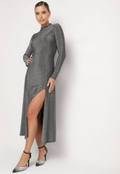 Srebrna Sukienka z Wiskozą Ozdobiona Brokatem w Eleganckim Stylu Werirra. Szare sukienki damskie Born2be, na zimę, l, bez wzorów, z materiału, eleganckie, bez kołnierzyka, bez ramiączek, maxi. Za 149.99 zł.