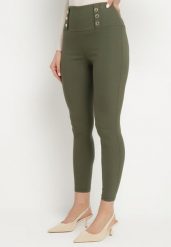 Ciemnozielone Legginsy z Wysokim Stanem Ozdobione Guzikami Kolithra. Zielone legginsy damskie Born2be, bez wzorów, z jeansu. Za 39.99 zł.