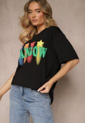 Czarny T-shirt o Kroju Oversize z Nadrukowanym Napisem Ilorella. Czarne t-shirty damskie Renee, m, bez wzorów, z jeansu, eleganckie, bez kołnierzyka, bez ramiączek. Za 39.99 zł.