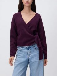Sweter z wiązaniem - ciemnofioletowy. Fioletowe swetry nierozpinane damskie Reserved, l, bez wzorów, z dzianiny, bez kołnierzyka, bez ramiączek. Za 139.99 zł.