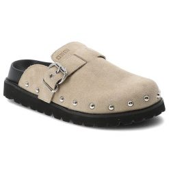 Klapki damskie Big Star, cholewka ze skóry naturalnej zamszowej z regulowanym paskiem i sprzączką, beżowe, RR274A376. Brązowe klapki damskie BIG STAR, bez wzorów, ze skóry, eleganckie, bez obcasa, bez zapięcia. Za 215.90 zł.