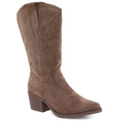 Kozaki damskie ażurowe kowbojki ciemny beż eVento 9450. Kozaki damskie eVento, w ażurowe wzory, z nubiku, bez obcasa, bez zapięcia. Za 199.99 zł.