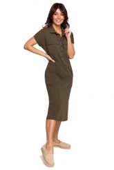 Sukienka w Klimacie Safari - Khaki. Brązowe sukienki damskie Cud Moda, l, bez wzorów, z bawełny, wizytowe, bez kołnierzyka, bez ramiączek. Za 219.90 zł.