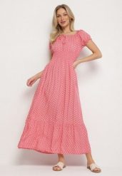 Różowa Sukienka z Bawełną w Kropki Ellisla. Czerwone sukienki damskie Born2be, na co dzień, l, bez wzorów, z bawełny, eleganckie, bez kołnierzyka, bez ramiączek, midi. Za 54.99 zł.