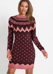 Sukienka dzianinowa w norweski wzór. Czerwone sukienki damskie bonprix, na zimę, bez wzorów, z dzianiny, eleganckie, bez kołnierzyka, bez ramiączek. Za 159.99 zł.