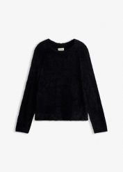 Sweter ażurowy z przędzy piórkowej. Czarne swetry nierozpinane damskie bonprix, w ażurowe wzory, eleganckie, bez kołnierzyka, bez ramiączek. Za 109.99 zł.
