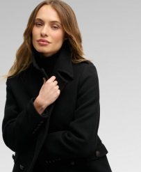Superdry Dwurzędowy płaszcz z mieszanki wełny – Slim Fit. Czarne płaszcze damskie Superdry, bez wzorów, z materiału, militarne, bez kołnierzyka, bez kaptura. Za 1,254.30 zł.