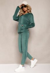Ciemnozielony Welurowy Komplet Dresowy Bluza z Kapturem i Proste Spodnie Arislo. Zielone bluzy damskie Renee, s, bez wzorów, z dresówki, bez ramiączek, z kapturem. Za 74.99 zł.
