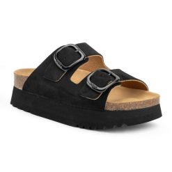 Klapki damskie Scholl Lucie Suede. Czarne klapki damskie Scholl, bez wzorów, z materiału, klasyczne, bez obcasa, bez zapięcia. Za 339.99 zł.