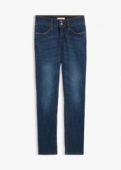 Jeansy o kroju slim fit, high-waist, z wygodnym stretchem. Niebieskie jeansy damskie bonprix, bez wzorów, z jeansu, z podwyższonym stanem. Za 117.99 zł.
