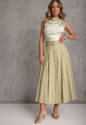 Zielona Rozkloszowana Spódnica z Kieszonkami i Paskiem z Klamrą Qualea. Zielone spódnice damskie Renee, na co dzień, l, bez wzorów, z bawełny, eleganckie, midi, dopasowane. Za 119.99 zł.