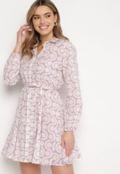 Fioletowo-Beżowa Bawełniana Sukienka Mini w Geometryczny Wzór Frenia. Fioletowe sukienki damskie Born2be, l, bez wzorów, z bawełny, eleganckie, bez kołnierzyka, bez ramiączek, mini, koszulowe. Za 59.99 zł.