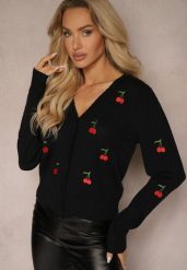 Czarny Kardigan Ozdobiony Haftem w Kształcie Wisienek Nirinia. Czarne kardigany damskie Renee, s, bez wzorów, z jeansu, eleganckie, bez kołnierzyka. Za 119.99 zł.