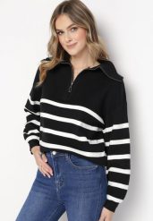Czarno-Biały Golf Sweter Zapinany na Suwak w Paski Sakine. Czarne swetry nierozpinane damskie Born2be, m, bez wzorów, bez kołnierzyka, bez ramiączek. Za 119.99 zł.
