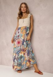 Beżowo-Niebieska Sukienka Grayah. Niebieskie sukienki damskie Renee, m, z aplikacjami, z tkaniny, boho, bez kołnierzyka, bez ramiączek, maxi, rozkloszowane. Za 84.99 zł.
