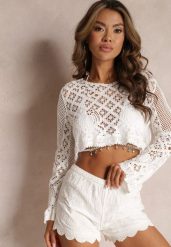 Białe Szorty z Gumką w Pasie Ozdobione Haftem Nowan. Białe szorty damskie Renee, bez wzorów, boho. Za 54.99 zł.