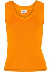 Lekki top dzianinowy z dekoltem w serek. Brązowe topy damskie bonprix, bez wzorów, z dzianiny, bez kołnierzyka, bez ramiączek. Za 54.99 zł.