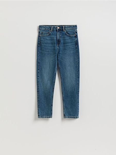 Jeansy mom fit slim - granatowy. Niebieskie jeansy damskie Reserved, bez wzorów, z bawełny. Za 129.99 zł.