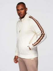Męska bluza dresowa z wysokim kołnierzem i lampasami – kremowa V3 - Rozmiar: XL. Białe bluzy męskie Ombre Clothing, m, z aplikacjami, z bawełny, retro, bez ramiączek, bez kaptura. W wyprzedaży za 179.99 zł.