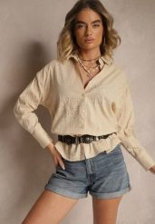 Beżowa Koszula z Lnu i Bawełny z Ozdobnym Haftem Valkio. Brązowe koszule damskie Renee, l, bez wzorów, z bawełny, eleganckie, bez kołnierzyka, bez ramiączek. Za 69.99 zł.