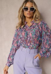 Niebiesko-Fioletowa Koszula w Kwiatowy Wzór z Prześwitującej Tkaniny Omertala. Niebieskie koszule damskie Renee, l, bez wzorów, z jeansu, eleganckie, bez kołnierzyka, bez ramiączek. Za 99.99 zł.