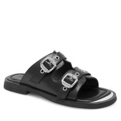 Klapki Badura. Czarne klapki damskie Badura, bez wzorów, bez obcasa, bez zapięcia. Za 199.99 zł.