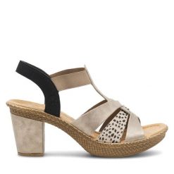 Sandały Rieker. Brązowe sandały damskie Rieker, bez wzorów, bez obcasa, na słupku, bez zapięcia. Za 299.99 zł.