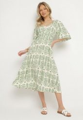 Zielono-Kremowa Sukienka Wiskozowa Rozkloszowana z Odkrytymi Plecami w Print Boho Turaisa. Zielone sukienki damskie Born2be, na co dzień, l, bez wzorów, z wiskozy, boho, bez kołnierzyka, bez ramiączek, midi, proste. Za 69.99 zł.