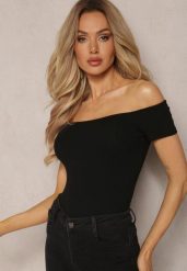Czarny Bawełniany T-shirt Top z Hiszpańskim Dekoltem Ertalissa. Czarne t-shirty damskie Renee, m, bez wzorów, z bawełny, bez kołnierzyka, bez ramiączek. Za 54.99 zł.