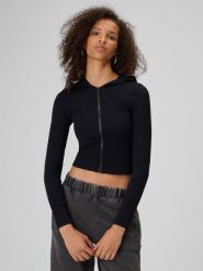 4F Bluza dresowa slim z kapturem damska - czarna XS/S. Czarne bluzy damskie 4F, s, bez wzorów, z dresówki, bez ramiączek, z kapturem. Za 169.99 zł.