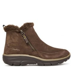 Botki Skechers. Brązowe botki damskie Skechers, bez wzorów, bez obcasa, na płaskiej podeszwie, bez zapięcia. Za 299.99 zł.