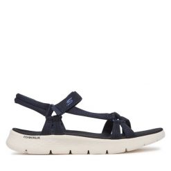 Sandały Skechers. Niebieskie sandały damskie Skechers, bez wzorów, bez obcasa, na płaskiej podeszwie, bez zapięcia. Za 269.99 zł.