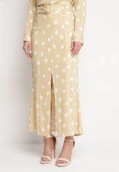 Beżowa Spódnica Midi w Kropki z Paskiem w Komplecie Mivema. Brązowe spódnice damskie Born2be, l, bez wzorów, z materiału, eleganckie, midi. Za 84.99 zł.