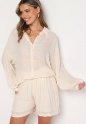 Beżowy Komplet Koszula z Długim Rękawem Szorty Tordia. Brązowe koszule damskie Born2be, uniwersalny, bez wzorów, z bawełny, eleganckie, bez kołnierzyka, bez ramiączek. Za 109.99 zł.