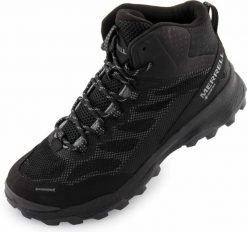 Damskie buty outdoorowe Merrell Speed strike Mid Gtx w kolorze czarnym. Czarne obuwie trekkingowe damskie Merrell, z gore-texu, za kostkę, bez zapięcia. Za 662.99 zł.