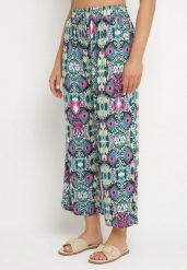 Zielono-Różowe Spodnie Szerokie z Bawełny w Etno Print Tolivenna. Zielone spodnie materiałowe damskie Born2be, bez wzorów, z bawełny, eleganckie. Za 29.99 zł.