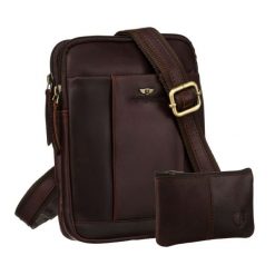 Męska, skórzana torba na ramię w brązowym kolorze w zestawie z saszetką na klucze - Peterson. Brązowe saszetki i nerki męskie Peterson, bez wzorów, ze skóry. Za 179.99 zł.