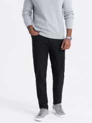 Męskie spodnie jeansowe bez przetarć SLIM FIIT - czarne V11. Czarne spodnie materiałowe męskie Ombre Clothing, bez wzorów, z bawełny. W wyprzedaży za 59.99 zł.