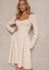 Beżowa Sukienka o Rozkloszowanym Kroju z Gorsetową Górą Tillitte. Brązowe sukienki damskie Renee, na co dzień, m, bez wzorów, eleganckie, bez kołnierzyka, bez ramiączek, midi, dopasowane. Za 149.99 zł.