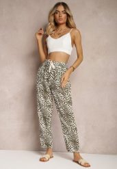 Zielono-Białe Spodnie z Elastyczną Gumką w Pasie i Mozaikowym Wzorem Tleana. Zielone spodnie materiałowe damskie Renee, bez wzorów, z jeansu, eleganckie. Za 39.99 zł.