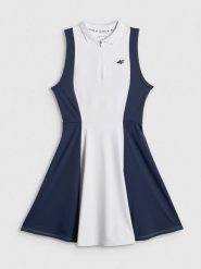 4F Sukienka tenisowa damska - biała L. Białe sukienki damskie 4F, na co dzień, l, bez wzorów, z dzianiny, sportowe, bez kołnierzyka, bez ramiączek, maxi, sportowe. Za 129.99 zł.